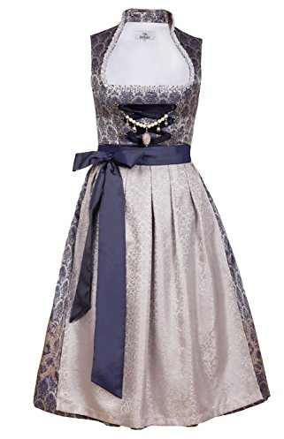 Edelnice Trachtenmode Exklusives Designer Midi Stehkragen Dirndl Marianna inkl. Spitzen Dirndlschürze und Charivari Gr. 32-54, Blau, 40