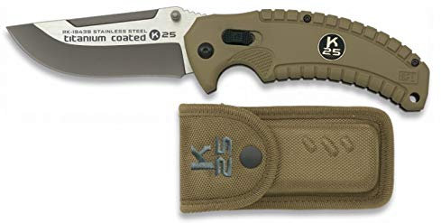K25 K25-19439 - Navaja SFL Coyote Titanium. 8.5 cm - Herramienta para Caza, Pesca, Camping, Outdoor, Supervivencia y Bushcraft