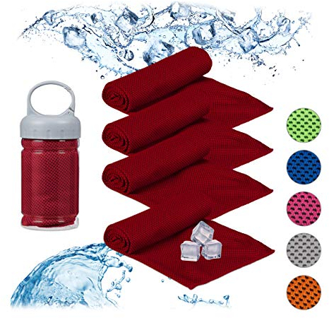 Relaxdays 4 x Kühlendes Handtuch, Mikrofaser, Kühltücher Hals, Sport & Fitness, mit Box, Kühlhandtuch Yoga, 90 x 30 cm, rot