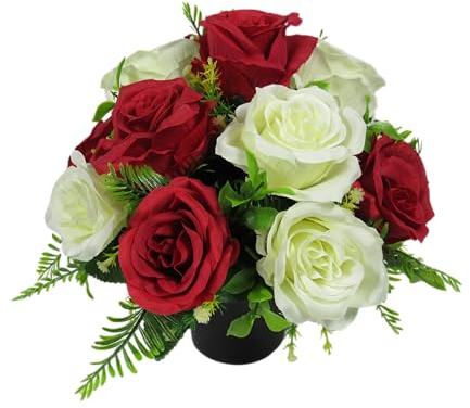 Red and Ivory Large Open Rose Grave Flower Arrangement in Grave pot, 27cm (Red)