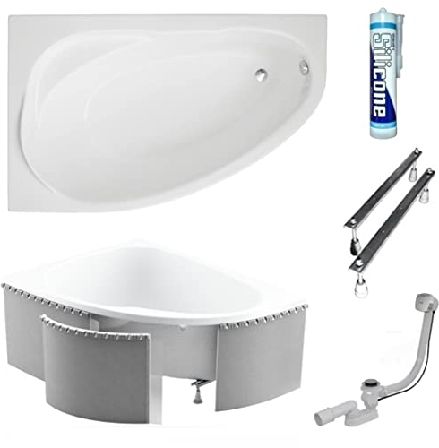 ECOLAM® Badewanne Wanne Eckwanne Eckbadewanne Acryl weiß Marea Polimat 150x100 cm LINKS + Styropoverkleidung 1.040 Ablaufgarnitur Ab- und Überlauf Automatik Füße Silikon Komplett-Set