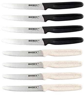 Homeys Tools for Life Mölti VITT/SVART ensemble de couteaux à tomates 8 pièces - 11 cm - Blanc et Noir – Dentelé – Aussi idéal que les couteaux à steak