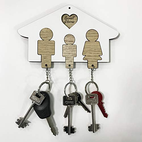 Fitwish Portachiavi in Legno 3 Posti a Forma di Casa - Idea Regalo Perfetto per la Famiglia - Idea Regalo Natale e San Valentino - Ideale per Decorare la Vostra Casa (3 Posti Bianco-Color Legno)