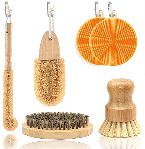 FOZUBOYO Kit de brosses de nettoyage de cuisine - Respectueux de l'environnement - Brosse en bois pour bouteilles, casseroles, poêles, vaisselle en bois - Brosse à légumes