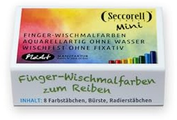 Seccorell Mini: 8 Finger-Wischmalfarben in Kartonschachtel | Probierset: 8 kurze Farbstäbchen, Reinigungsbürste, Radierstäbchen und Reibefläche. Zwischen Aquarell- und Pastelltechnik.