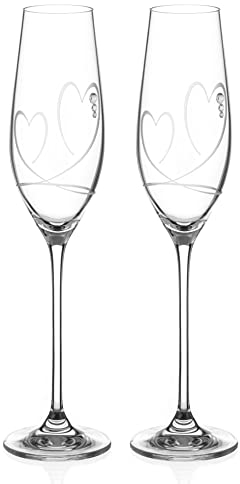DIAMANTE Swarovski Champagne Flutes Prosecco Glasses Pair with ‘Two Hearts’ Design Embellished with Swarovski Crystals Set of 2 in a Gift Box