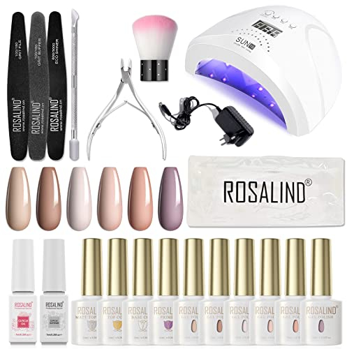 ROSALIND Kit Semipermanente Unghie Professionale con UV LED Lampada 48W, 6 Colori 10ML Smalti Semipermanente, Primer Base e Top Coat, Nail Art Tool Kit Smalto Semipermanente Completo