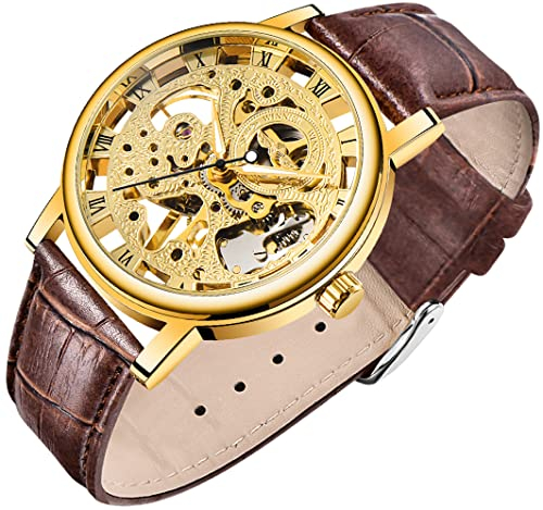 Herren Skelett Mechanische Römische Ziffern Mesh Armband Uhr Handaufzug Mechanisches Mesh Leuchtend Wasserdicht Uhr für Männer, WIN072 - Brown Gold, modisch