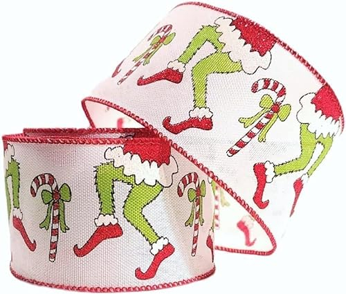 Weihnachtsband mit Draht, 6,3 cm breit, mit Spitzen, pelzige Monsterbeine, mit Weihnachtsmann-Anzug, Zuckerstangen und Glitzer-Verzierungen (9,1 m)