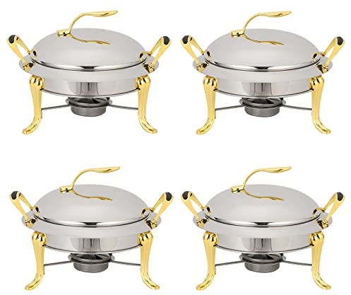 3L Chafing Dish Set, Full Size Stainless Steel Round Buffet Server with Pans, Lid and Fuel Holders, for Catering Party Wedding Dinner Food Warmer (2/3/4/6 Pack),Gold,4 Pack