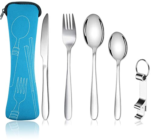 XOPOZON® Lot de 5 Couverts de Camping, Ensemble de Couverts Transportables, Couverts en Acier Inoxydable avec Sac en Néoprène Idéal pour les Voyages le Bureau et le Camping (Ciel bleu)