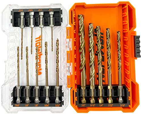 NordWolf 14-Piece M35 Cobalt Drill Bit Set for Stainless Steel, Hard Metals & Cast Iron, Jobber Length with 1/4 Hex Shank, SAE Sizes 1/16 to 3/8 in Storage Case