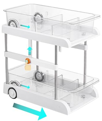 QANIUOS 2 Tier Clear Organizer with Dividers, Adjustable Height Under Sink Organizers, Slide-Out Kitchen Pantry Medicine Cabniet Storage Bins, Multi Purpose Bathroom Vanity Counter Organization