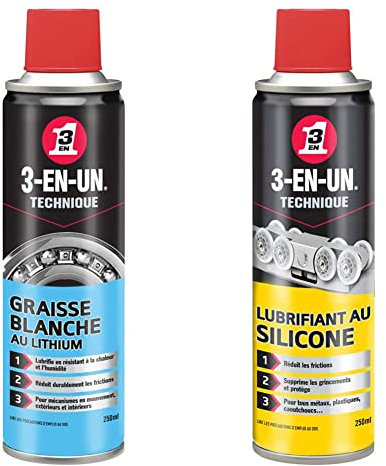 3-EN-UN Technique • Graisse Blanche au Lithium • Aérosol & Technique • Lubrifiant Silicone • Aérosol • Facilite le glissement des pièces en mouvement • Anticorrosion