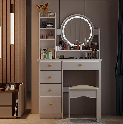 DEZAGCE Schminktisch 5 Schubladen und 4 öffnen Fächer, geräumiger Straurau, Frisiertisch mit runden Spiegel, Kosmetiktisch, mit Hocker, Schminktische, weiß, 80 B x 40 T x 135H cm