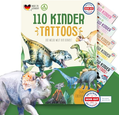 MeinBaby123 110 hautfreundliche Kinder Tattoos mit Dinos, Dinosaurier Tattoo, Kindertattoos zum Aufkleben, Geschenk für Kinder, vegan & made in Germany (1x Dinos)