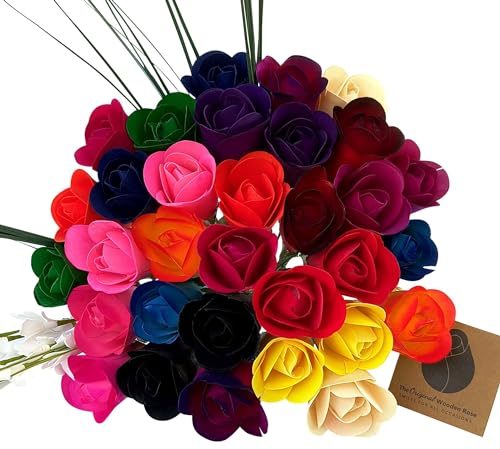 The Original Wooden Rose Blumenstrauß mit 32 verschiedenen Farben, halboffene Rosen, ideal für Muttertag, Valentinstag