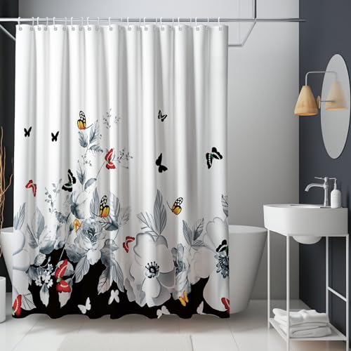 HOMEWINS Duschvorhang 180x200 cm Polyester Textil mit Muster, Waschbar und Schimmelresistant, Wasserdicht und Schnell Trocknend, Badevorhang mit 12 Duschvorhangringe - Schwarze Blumen