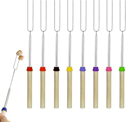 LATRAT Lot de 8 brochettes de barbecue en acier inoxydable - Extensibles - Avec manche en bois - Pour barbecue, camping, feu de camp, barbecue