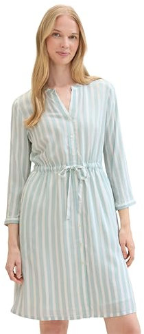 TOM TAILOR Damen Kleid mit Streifen & Bindegürtel, mint blue offwhite stripe, 40