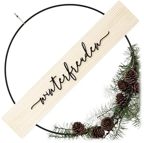 SKONIDA Winterkranz modern – Türkranz aus Naturmaterial Holz & Metallring 30 cm – Deko DIY Tür-Schild mit 3D Schriftzug zum Aufhängen – Holzkranz für Trockenblumen - Vintage Wandkranz Winter