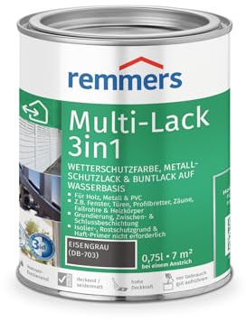 Remmers Multi-Lack 3in1 eisengrau 0,75 Liter, Wetterschutzfarbe, Metallschutzlack & Buntlack auf Wasserbasis für Holz, Metall & PVC