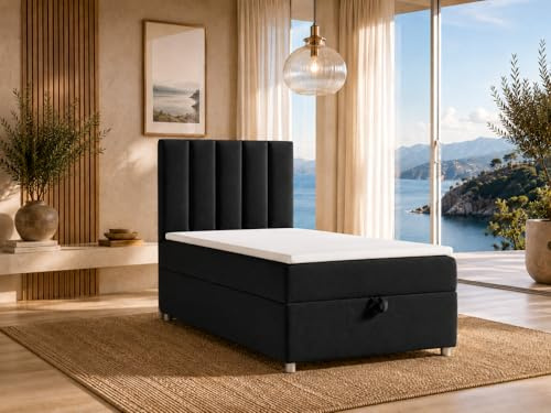 Best For Home Trinity K10 Boxspringbett 80x200 | Stauraum mit Topper | Einzelbett mit Bonell Federkernmatratze H3, Hoher Schlafkomfort, Gepolstertes Kopfteil, Modernes Bett Design und Bettkasten
