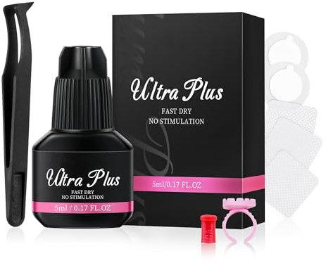 CHRONTIER Eyelash Extensions Glue Ultra Plus 5ml with Tweezer Semi-permanent lashes drying time of 3-4 seconds 4 weeks long last Self-application for lash extensions low irritation