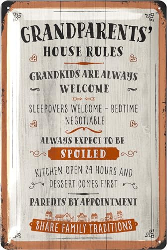 LANOLU Retro Blechschild Geschenk für Oma und Opa Pension - lustige HAUSREGELN - Metallschild mit Sprüchen - für Großeltern die Ihre Enkelkinder lieben - in Holzschild Optik mit Stanzung 20x30 cm