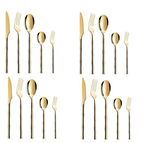 GaRcan Juegos de Cubiertos 20 Piezas Juego de Mesa de Cubiertos con Forma de bambú Dorado Vajilla para cenar Cuchara Cuchillo Tenedor de Postre Lavavajillas (Oro)