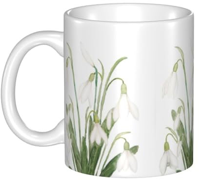 YsoLda Tasse, tasse en céramique tasse à café tasse à thé adaptée au bureau de restaurant de cuisine 330 ml,Peinture aquarelle botanique de fleur de perce-neige blanche