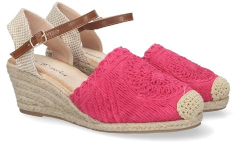 81378-Sandalia de Cuna para Mujer, Estilo Valenciana, Forrada de Yute, Pala Bordada, y Cierre de Hebilla.. Talla 39 Fucsia