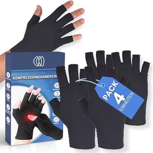 Podcase Pack de 4 Guantes para Artrosis y Artritis - Compresión para Mujer y Hombre - Reduce Inflamación - Sin Dedos para Manos - Válido para Trabajo, Gaming (Large)