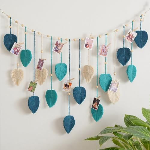 Makramee Wandbehang Boho Deko,Handgemacht Wohnungs Dekorationen,Makramee Wandteppich Gewebte Wandbehang Blatt Feder Wanddeko,Chic Gewebte Baumwolle mit Holzperlen und Blätter für Wohnzimmer (Blau)