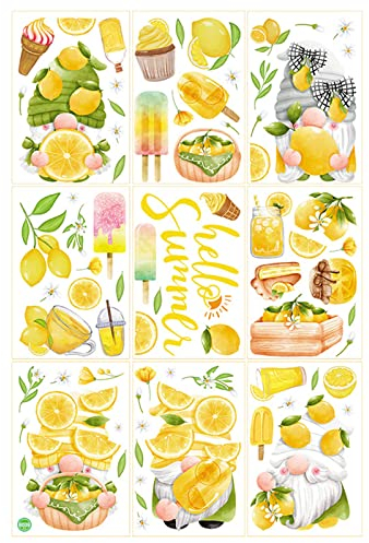 9 Bögen Sommer-Fensteraufkleber, Zwerge, statische Aufkleber, Strandflops, Wassermelone, Zitrone, Fensteraufkleber, Party-Dekorationen, Auto-Fensteraufkleber