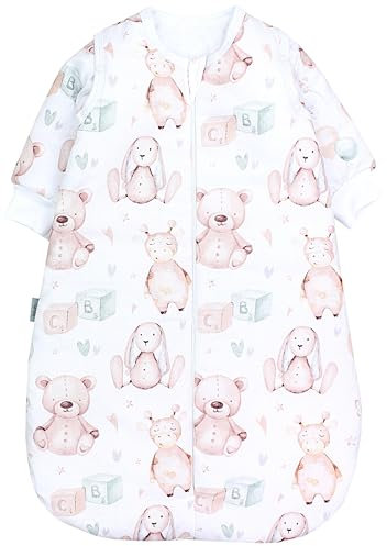 TupTam Baby Ganzjahresschlafsack Rund OEKO- TEX zertifizierte Materialien mit abnehmbaren Ärmeln 2.5 TOG unisex, Farbe: Beige Tiere mit Ballons, Größe: 56-62