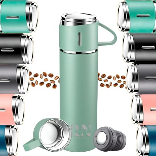 Termo Rownin Cafe Acero Inoxidable 304-18 horas - 500ml - Botella Termica a Prueba De fugas Aislamiento Antigoteo - Bebidas Calientes Por 18 Horas y Frías Por 18-3 Tazas De Recambio (Verde)