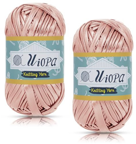 Uiopa Metallic T-Shirt Garn, 2 x 100g(2 x 45m) Bändchengarn Polyester Häkelgarn, Dickes Garn Crochet Yarn für Häkeltaschen, Körbe, Teppiche, Heimdekoration, DIY-Projekt (Roségold)