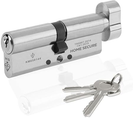 Home Secure™ Thumb Turn Euro Cylinder Door Lock TS007 1 Star Security Rated With 3 Keys, Anti-Bump, Anti-Drill, Pick, Screw for UPVC, Wooden, Composite Doors (Polished Nickel, 50mm X 50mm)