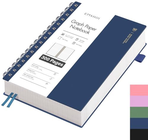 EMSHOI Notizbuch A5 Kariert, Spiral Notizblock mit 300 Seiten / 150 Blatt, 100gsm Kariert Papier zum Schreiben, PVC Hardcover, Notizbücher für Schule, Arbeit, Zeichnen, Reise, 14.5 × 21 cm - Blau