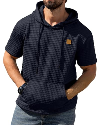 AIYINO Men's Hoodies Pullover Casual Short Sleeve Drawstring Waffle Knit Hooded Sweatshirt with Kanga Pocket 3XL Navy