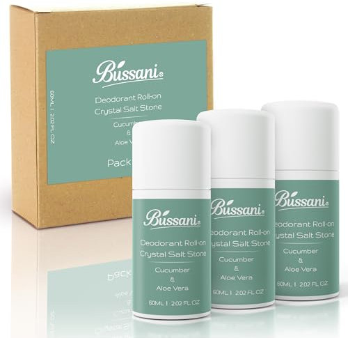 Bussani Deodorant Roll On Crystal Salt Stone for Girls, Kids, Boys, Teenager | Aluminum & Baking Soda Free | 24-Hour Odor Protection | Fragrance: Cucumber & Aloe Vera, Pack of 3
