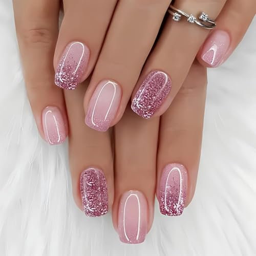 Auiremrti 24 Stück Glitzernde Ombre-Aufdrücknägel,kurz,quadratisch –Rosa künstliche Nägel,Acrylnägel, Aufdrücknägel, Nailart-Tipps mit Glitzerdesign,Vollständige Abdeckung