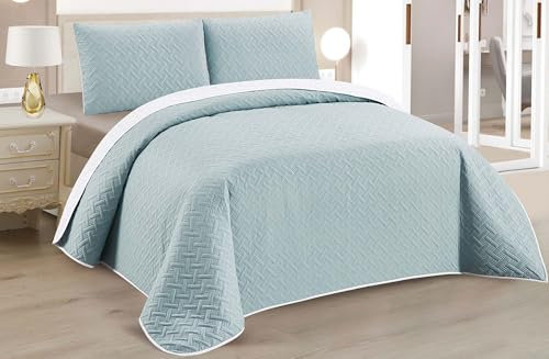 BESCH Colcha Boutis para Primavera y Verano con Relieve Trenzado de Color Azul Claro + 1 Funda Cojin 50x70 cm - Cubrecama Ligera Fina Entretiempo Extra Suave y Transpirable (Cama 90, 180x260cm)
