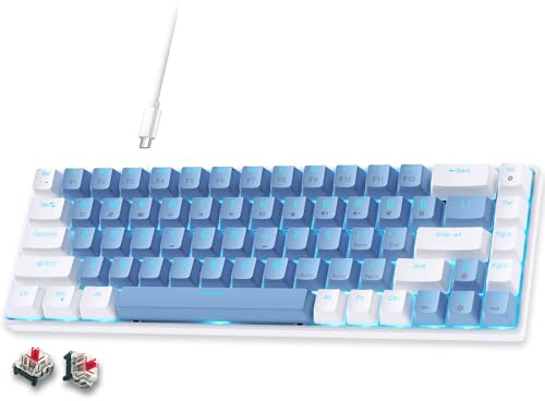 abucow 65% Mechanical Gaming Keyboard, Red Switch Wired 68 Keys Compact Keyboard with Blue Backlight, Swappable Blue White Keycaps, for Windows/Mac (Blue-White)