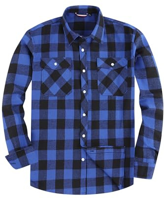 Chemise en Flanelle pour Homme, Manches Longues, à Carreaux, Coupe Droite, Col Boutonné et Poche sur la Poitrine, Carreaux bleus, L