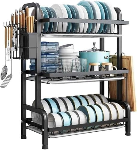 Escurridor de platos de 3 niveles con soporte para cubiertos, tabla de drenaje para encimera de cocina, incluye soporte para tabla de cortar