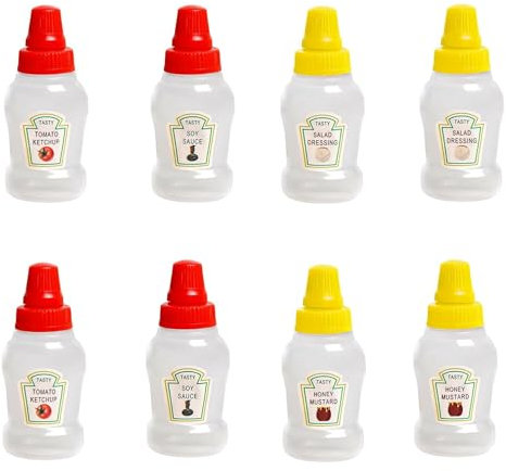 Jyinelx 8Pcs Mini Sauce Bottle, 25ml Mini Condiment Bottles, Portable Ketchup Squeeze Bottle for Honey Sauce Salad Kids Adults Lunch Box School Camping Picnic Office（4 labels）
