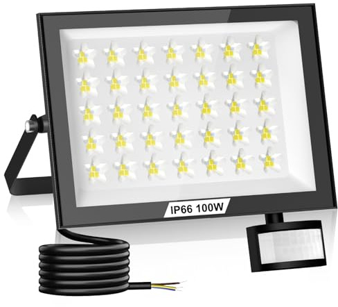 Lightasea Projecteur LED 100 W avec détecteur de mouvement, 10 000 lm, avec télécommande, blanc froid 6 500 K, ultra lumineux, étanche IP66, pour jardin, garage et terrasse