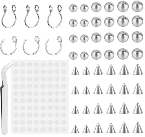 Yolev 54 Stück Fake Piercing Kugel Nasen Lippenohrringe 3 mm 4 mm 5 mm Stahlfarbe Fake Nose Ring Gefälschtes Augenbrauen Fake Septum Piercing Ohr mit Aufkleber Fake Piercings Einfach zu Tragen